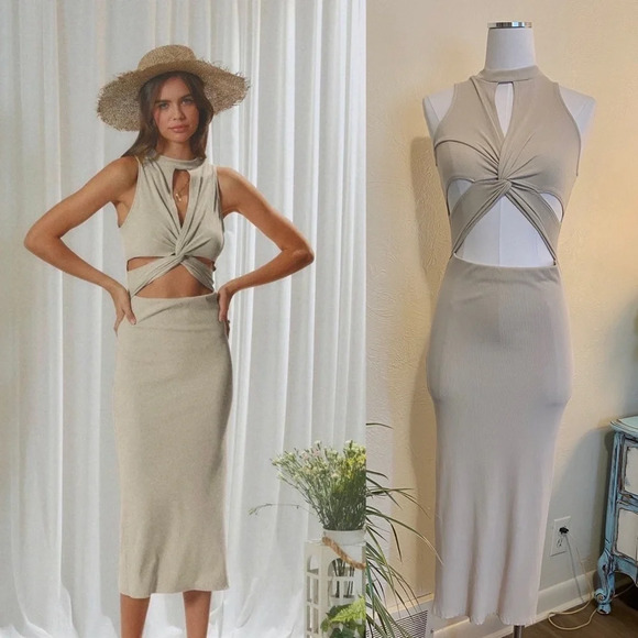 Endless Blu Dresses & Skirts - Endless Blu Tank T-Shirt Cut Out Midi Dress, Cream, Small